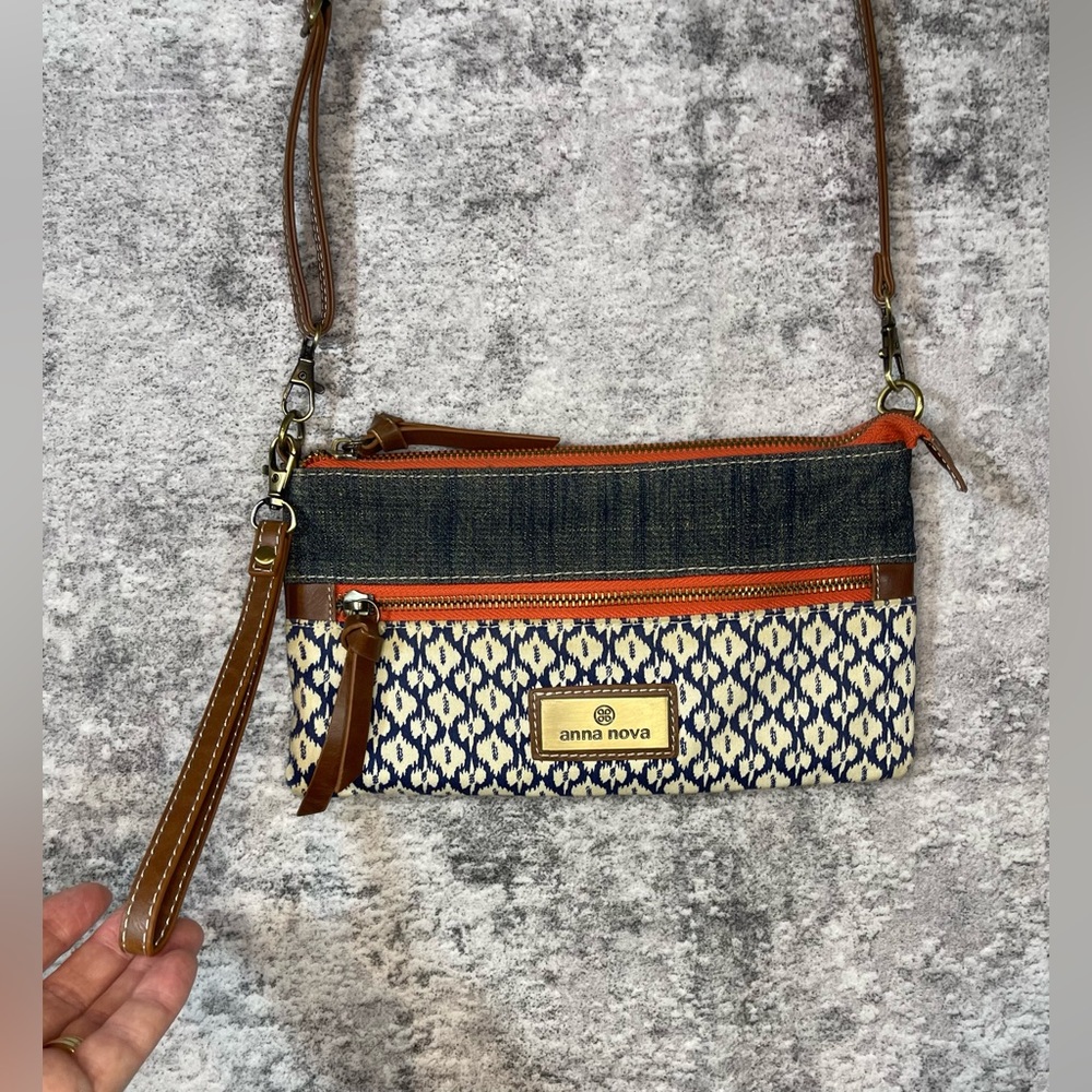 Anna Nova Denim Blue and Orange Patterned Crossbody Bag